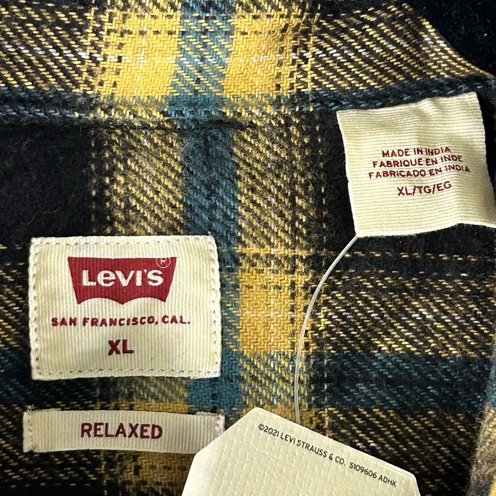 Levi's Mens X-Large Flannel Shirt The Worker Relaxed Fit Plaid Yellow Blue Black - Picture 2 of 7